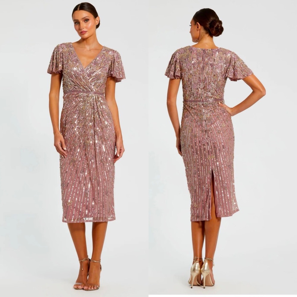 Mac Duggal - Purple Embellished Faux Wrap Flutter Sleeve Dress Size 8 - Picture 17 of 17